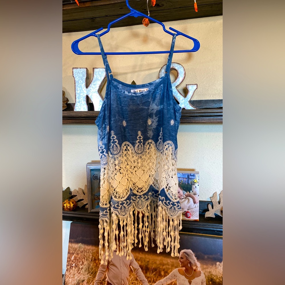 Multi-fabric tank top with fringe